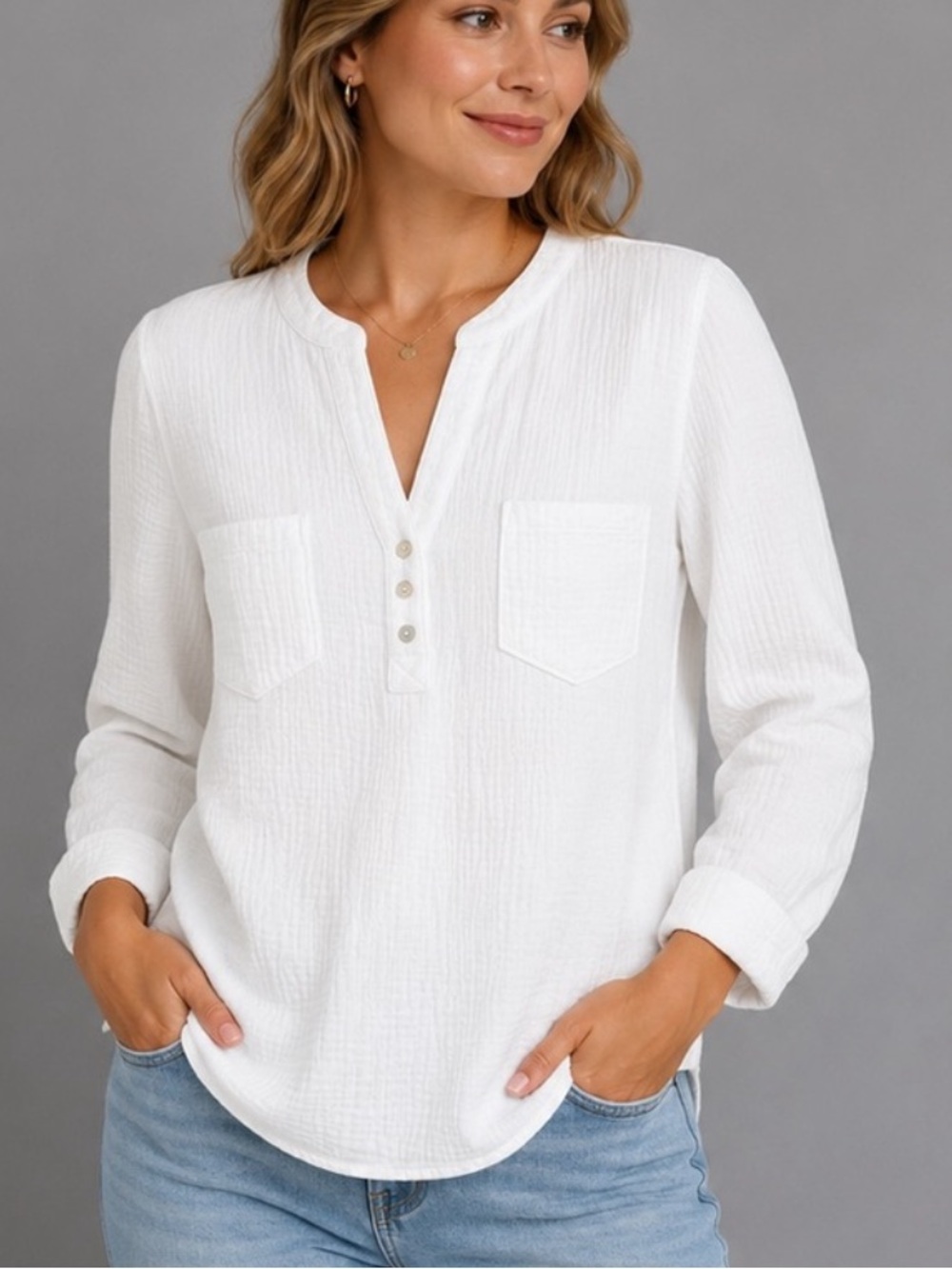 Mote Anthropologie Gauze Long Sleeve Pocket Henley Shirt